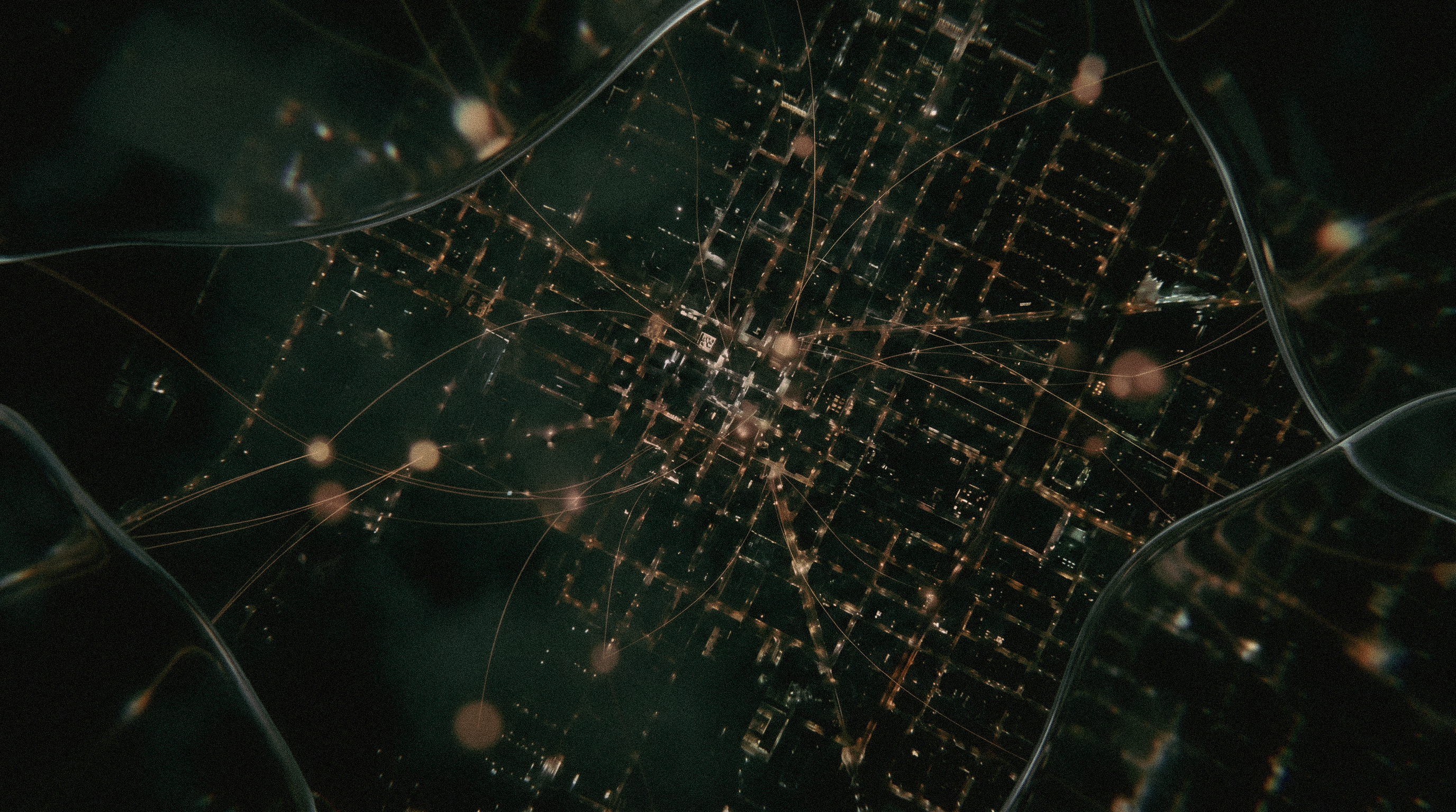 A rainy city street framed by liquid glass and orange fleet signal lines