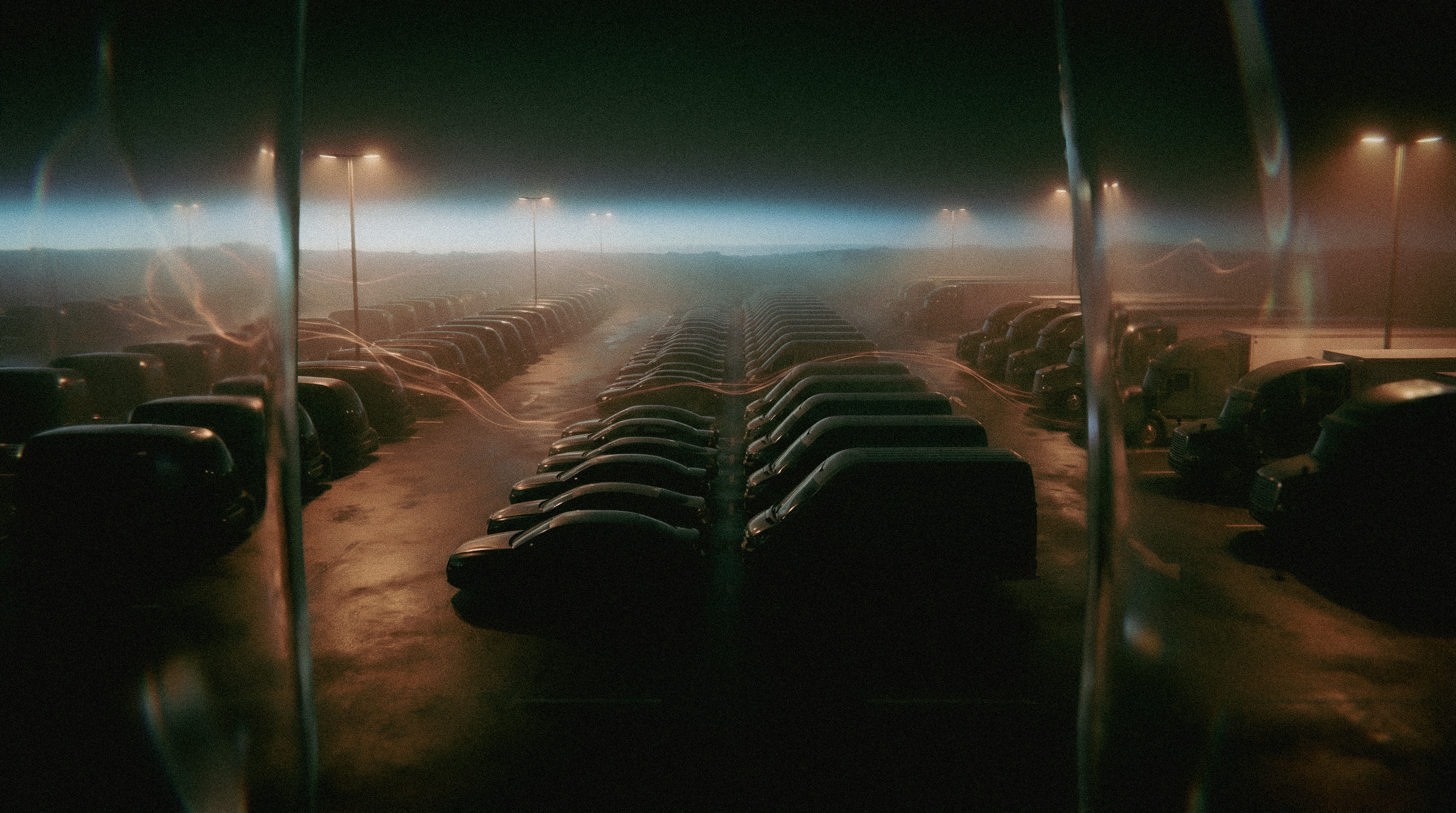 Rows of parked fleet vehicles at dawn viewed through liquid glass